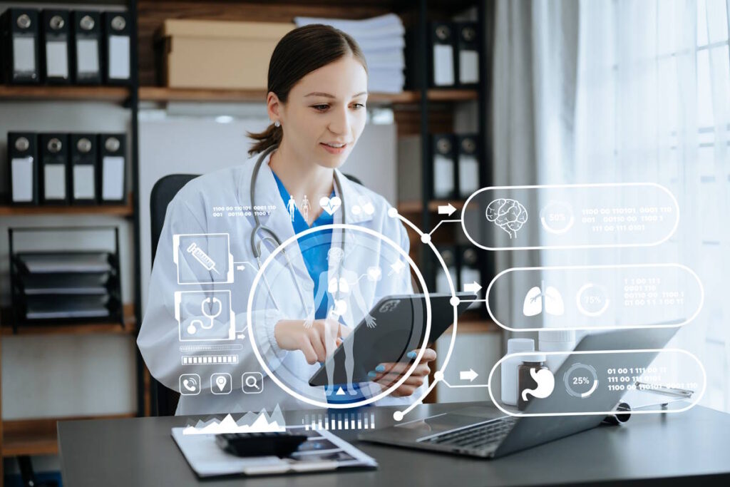 Concepto visual de IA médica integrada a la atención