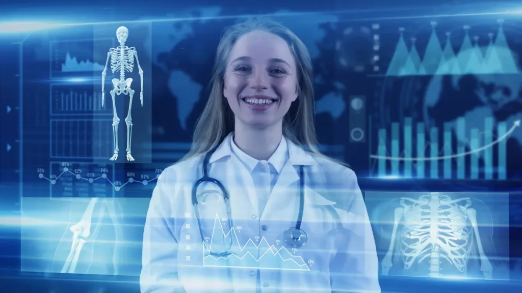 Profesional médico con IA clínica para diagnóstico asistido Asistente IA para casos clínicos: doctora joven sonriendo con gráficos médicos y análisis por inteligencia artificial