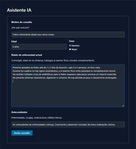 Formulario del Asistente IA sobre fiebre recurrente sin foco en niño